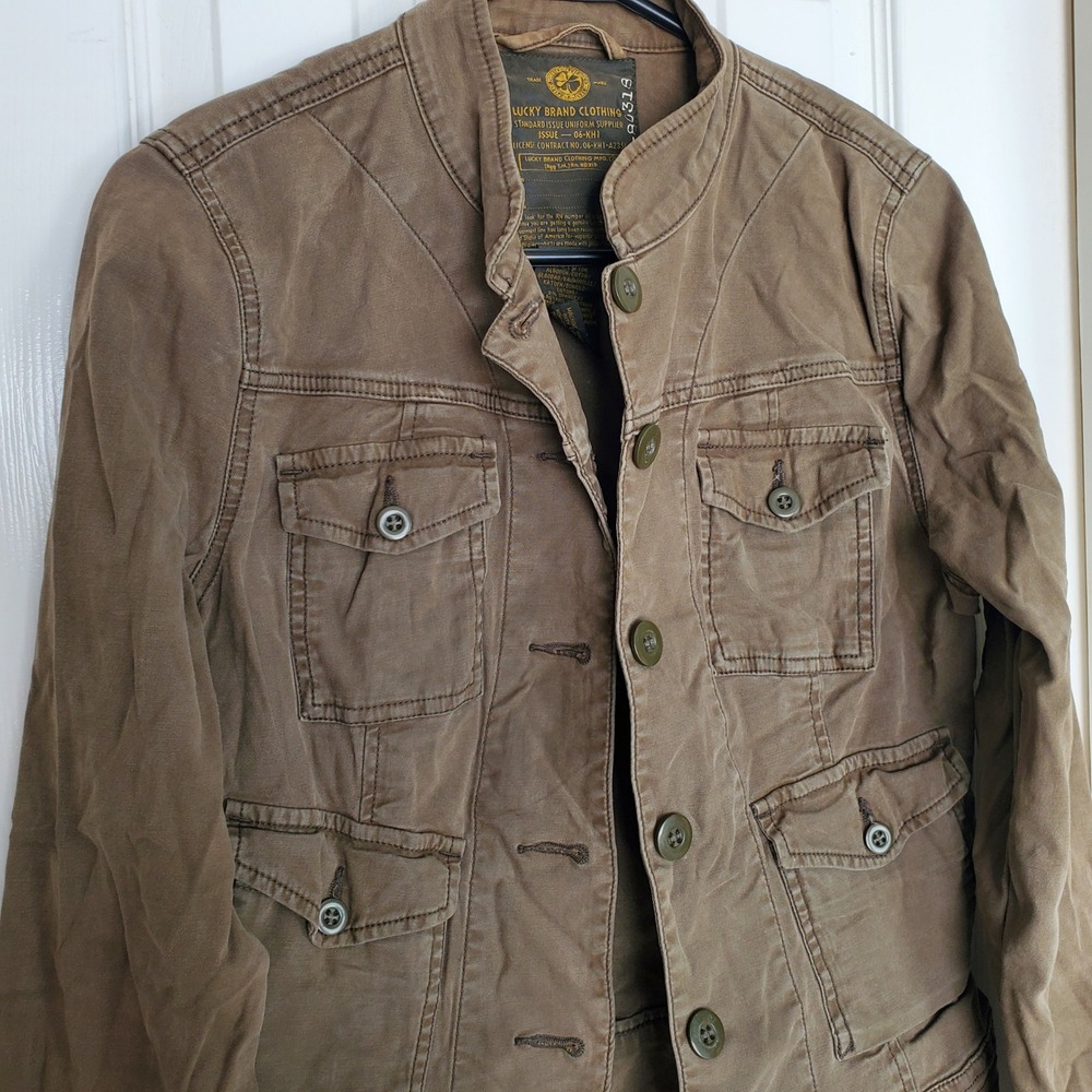 Lucky Brand Brown Canvas‎ Utility Military Cotton Jacket Mock Neck Unlined Small